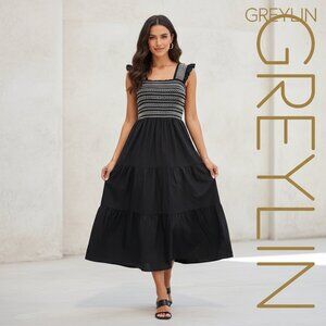 Greylin Black Felicia Multi Stitch Smocked Midi Dress NWT XS
